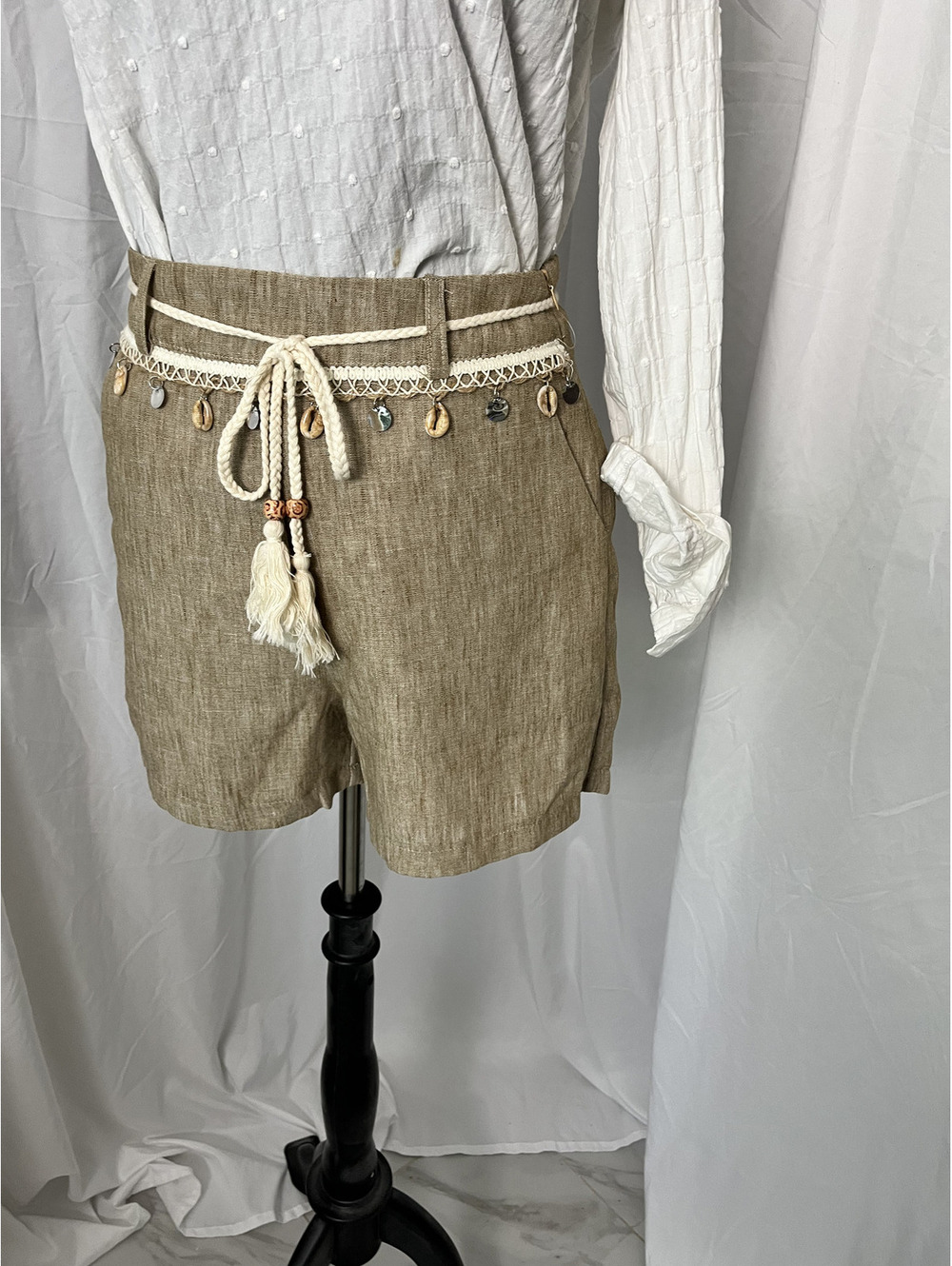 Lina Fashion Beige Linen Blend Shorts with Decorative Rope Belt